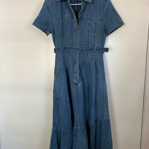 Casual Blue Denim Maxi Shirt Dress with Self-Tie Belt